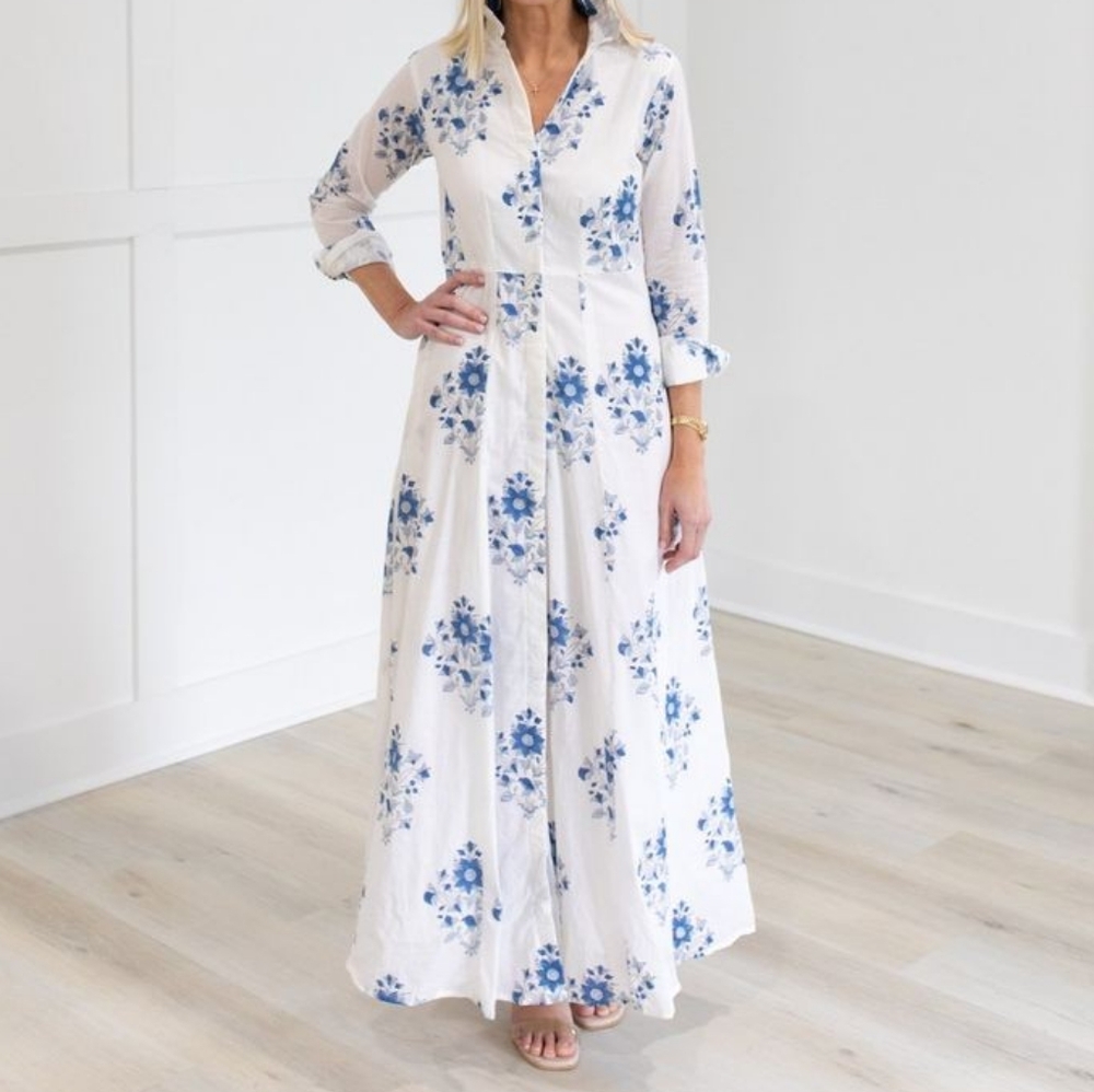 White Maxi Shirt Dress with Blue Floral Print